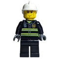 fig-000296 – Fireman, Black Fire Jacket with Reflective Stripes, Radio, and Badge, Dark Bluish Gray Hands, White Helmet, Cheek Lines