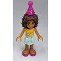 fig-000302 – Andrea - Bright Light Orange Top, Light Aqua Skirt, Magenta Party Hat