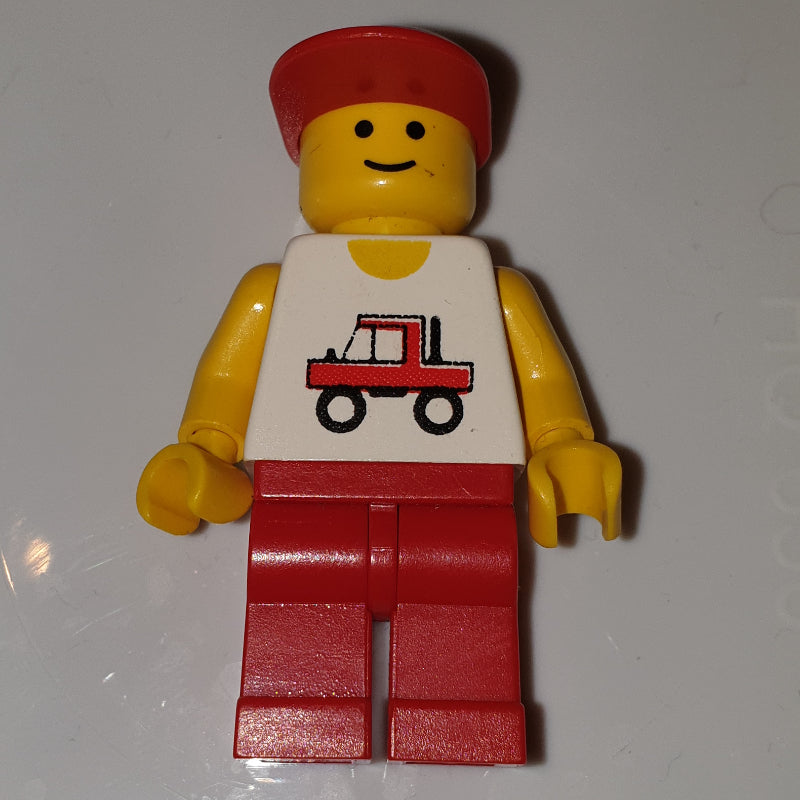 fig-000304 – Man, White Vest with Truck, Red Legs, Red Cap