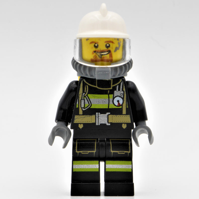 fig-000334 – Ed, Black Fire Suit with Gauge and Straps, White Helmet, Breathing Apparatus, Airtanks, Goatee Beard