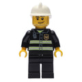 fig-000527 – Fireman with Reflective Stripes and Radio, White Fire Helmet, and Beard Stubble