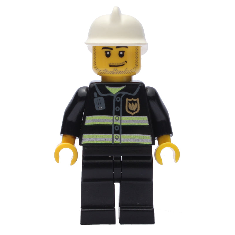 fig-000527 – Fireman with Reflective Stripes and Radio, White Fire Helmet, and Beard Stubble