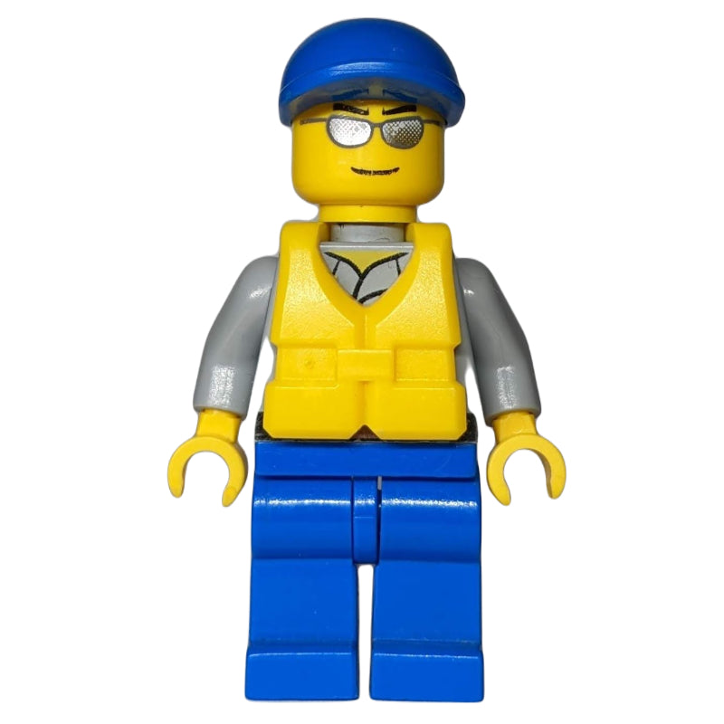 fig-000535 – Coast Guard, Light Bluish Gray Shirt with Badge, Blue Cap, Yellow Life Vest, Silver Sunglasses
