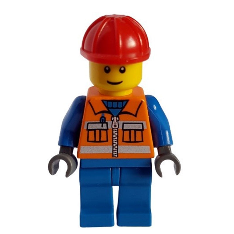 fig-000542 – Construction Worker, Orange Safety Vest with Zipper and Pockets, Blue Legs, Red Hard Hat