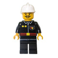 fig-000546 – Fireman, Black Fire Jacket with Red Belt and Badge, White Helmet, Moustache