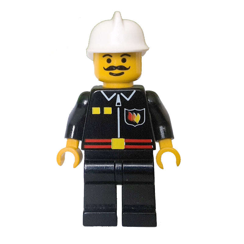 fig-000546 – Fireman, Black Fire Jacket with Red Belt and Badge, White Helmet, Moustache