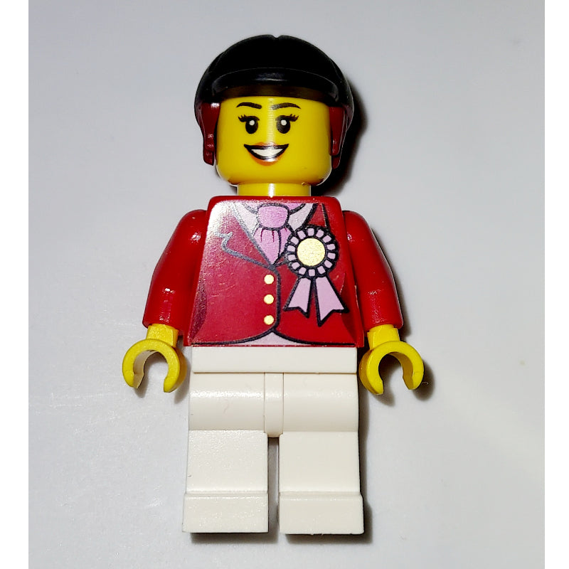 fig-000566 – Red Riding Jacket with Award Ribbon, Black Riding Helmet, and White Legs