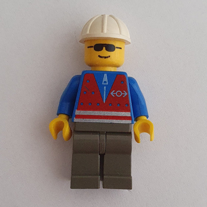 fig-000580 – Train Worker - Red Vest, Dark Gray Legs, White Helmet, Sunglasses