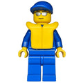 fig-000587 – Racer, Blue Jumpsuit with Octan Logo, Blue Cap, Yellow Life Vest 2610, Silver Sunglasses