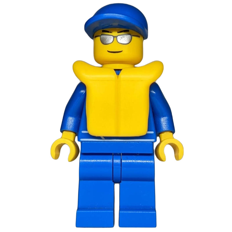 fig-000587 – Racer, Blue Jumpsuit with Octan Logo, Blue Cap, Yellow Life Vest 2610, Silver Sunglasses