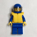 fig-000602 – Coast Guard, Yellow Jacket with Zipper, Radio and Badge, Blue Helmet with Visor, Yellow Life Vest, Stubble