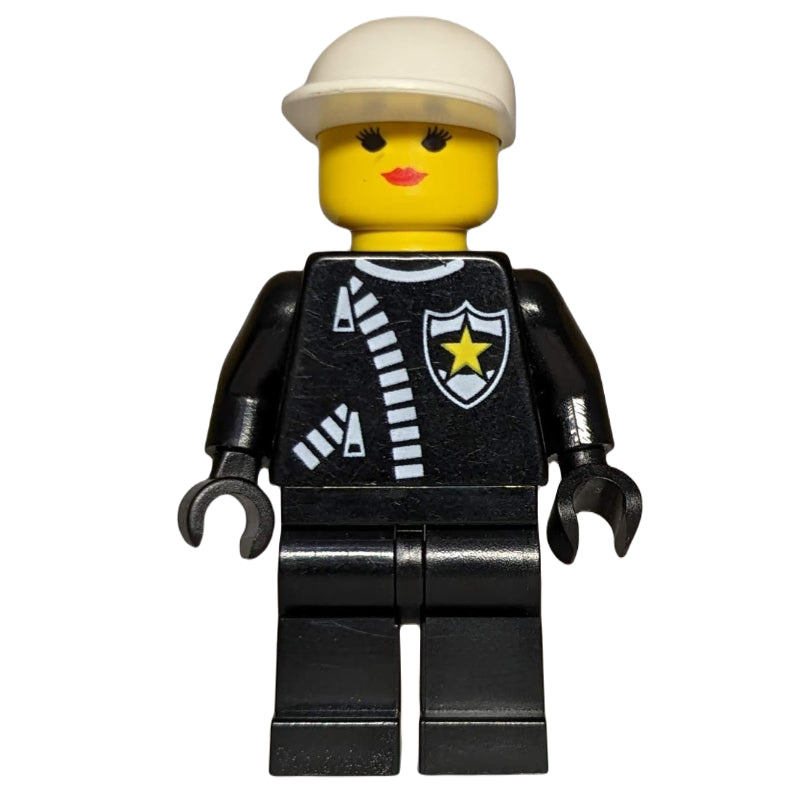 fig-000604 – Policewoman, Black Jacket with Zipper and Badge, White Cap