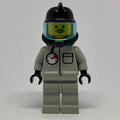 fig-000606 – Fireman, Light Gray Fire Suit with Gauge and Pocket, Black Helmet with Visor, Breathing Apparatus, Airtanks, Moustache