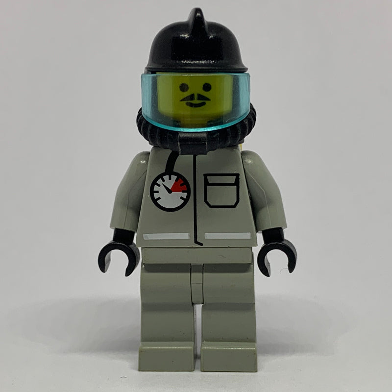 fig-000606 – Fireman, Light Gray Fire Suit with Gauge and Pocket, Black Helmet with Visor, Breathing Apparatus, Airtanks, Moustache