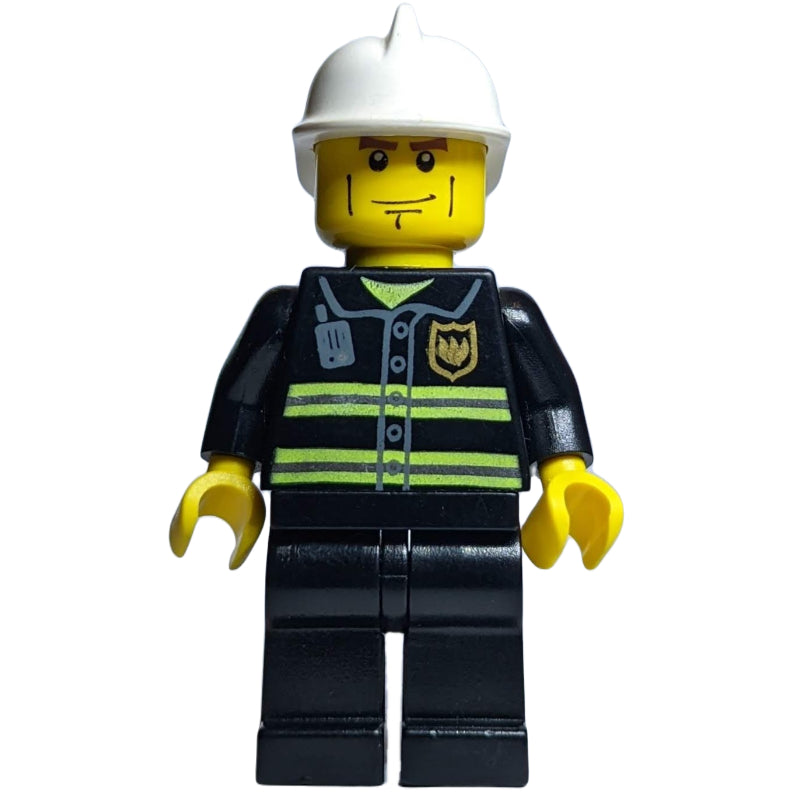 fig-000609 – Fireman, Black Fire Jacket with Reflective Stripes, Radio, and Badge, Yellow Hands, White Helmet, Cheek Lines