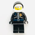 fig-000616 – Policeman, Black JAcket with Zipper, Radio, Badge, and 'POLICE' on Back, White Helmet with Visor, Silver Sunglasses