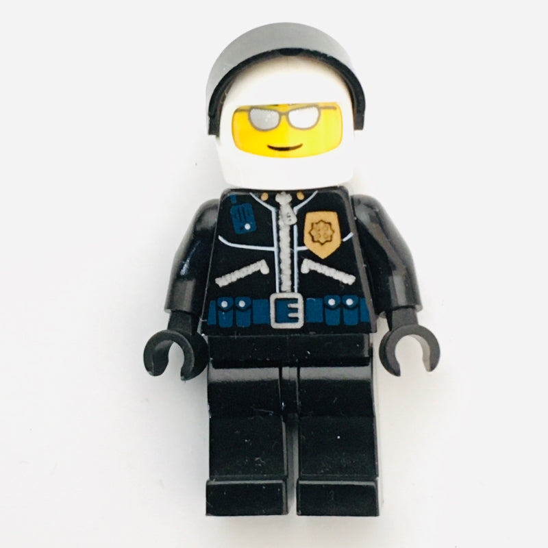 fig-000616 – Policeman, Black JAcket with Zipper, Radio, Badge, and 'POLICE' on Back, White Helmet with Visor, Silver Sunglasses