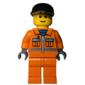 fig-000619 – Construction Worker, Orange Jacket with Zipper and Reflective Stripes, Orange Legs, Black Cap