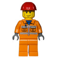 fig-000620 – Construction Worker, Orange Jacket with Zipper and Reflective Stripes, Orange Legs, Red Hard Hat, Cheek Lines