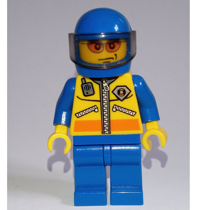 fig-000626 – Coast Guard, Yellow Jacket with Zipper, Radio and Badge, Blue Helmet with Visor, Orange Sunglasses