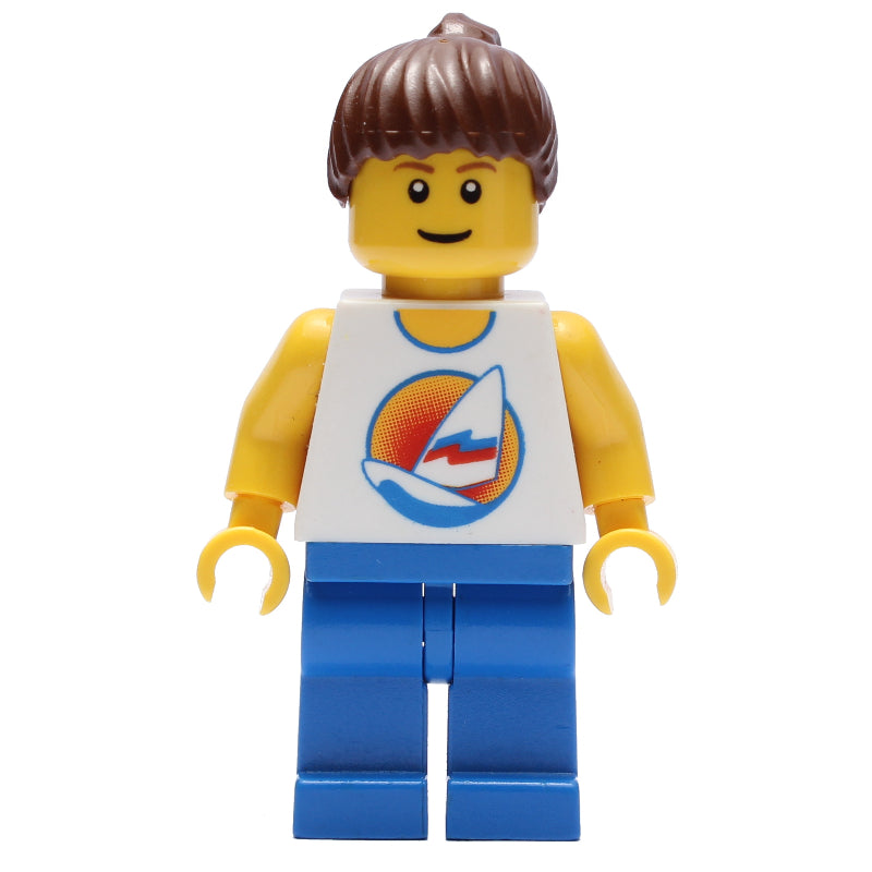 fig-000635 – Lifeguard, White Tank Top with Windsurfer, Blue Legs, Ponytail