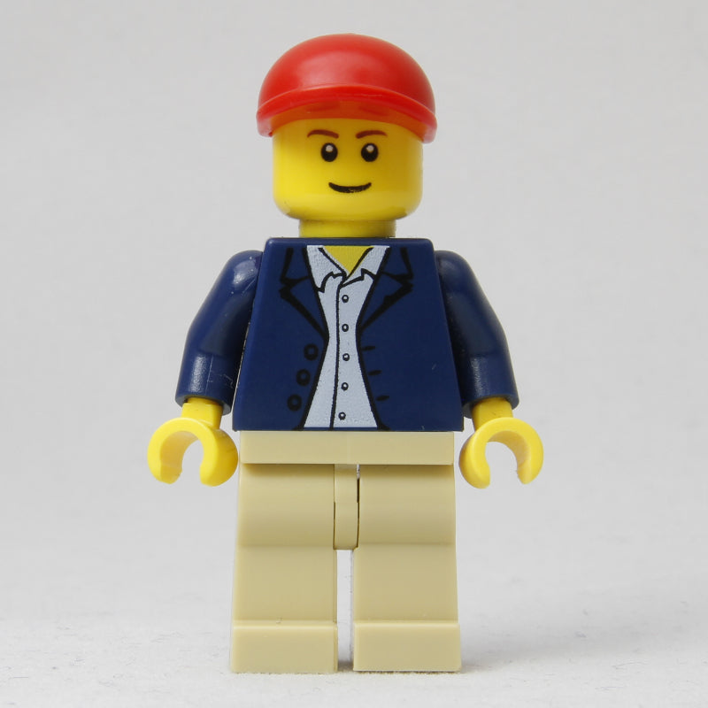 fig-000640 – Man, Open Dark Blue Jacket, Tan Legs, Red Cap
