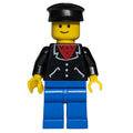 fig-000653 – Man, Open Black Jacket over Red Shirt, Blue Legs, Black Cap