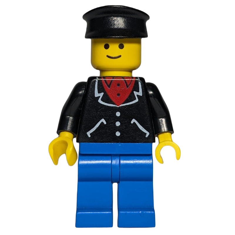 fig-000653 – Man, Open Black Jacket over Red Shirt, Blue Legs, Black Cap