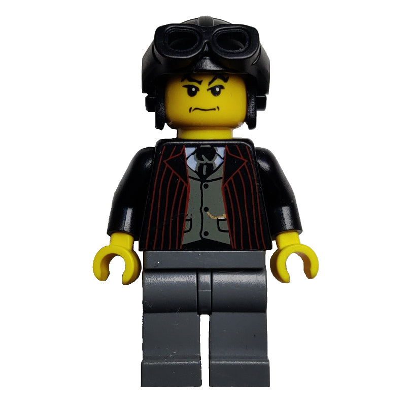 fig-000655 – Pilot, Open Black Jacket over Dark Gray Vest and Tie, Black Hat with Goggles