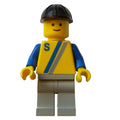 fig-000672 – Man, Yellow Shirt with Two Stripes and 'S', Light Gray Legs, Black Hard Hat