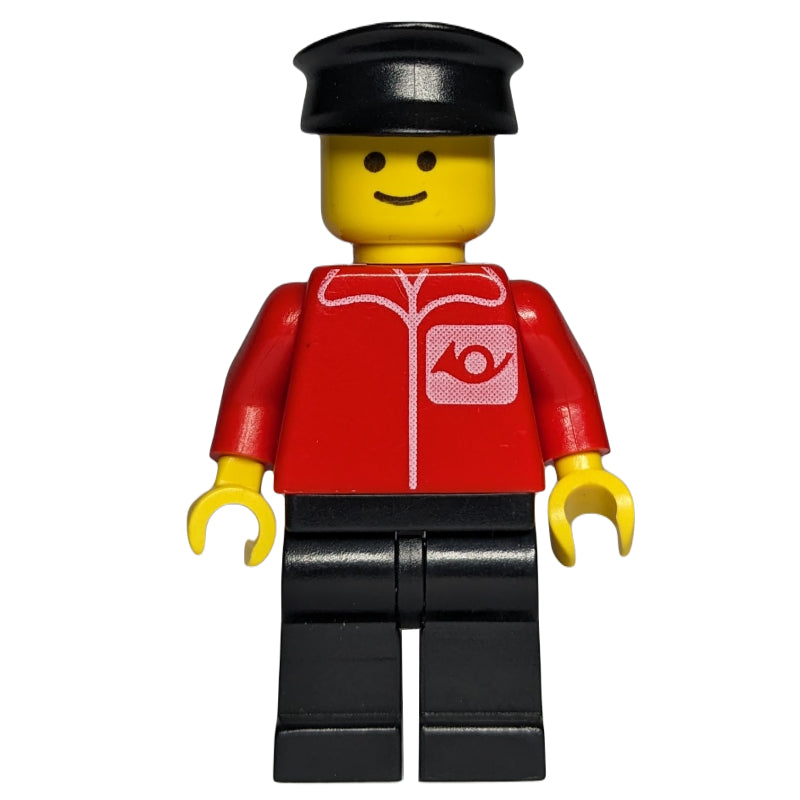 fig-000674 – Postal Worker, Red Shirt with Horn Logo, Black Legs, Black Hat (3626a Head)