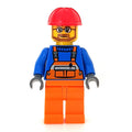 fig-000679 – Construction Worker, Orange Overalls, Red Hard Hat, Beard and Glasses