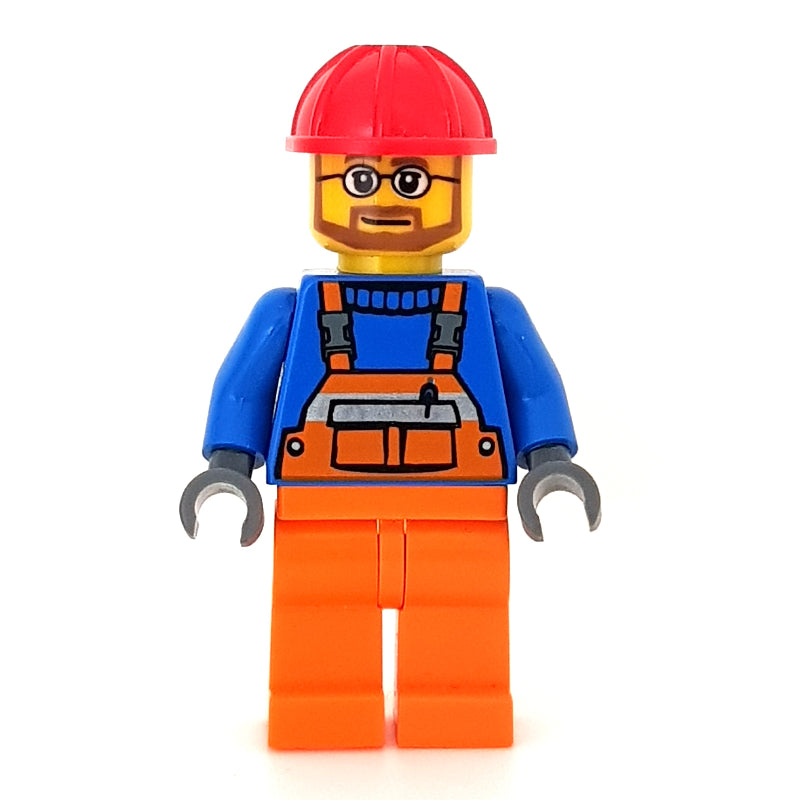 fig-000679 – Construction Worker, Orange Overalls, Red Hard Hat, Beard and Glasses