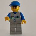 fig-000688 – Repairman, Light Gray Vest with Phone Logo and ID Badge, Blue Cap, Sunglasses