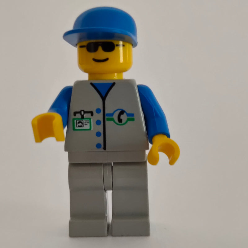 fig-000688 – Repairman, Light Gray Vest with Phone Logo and ID Badge, Blue Cap, Sunglasses