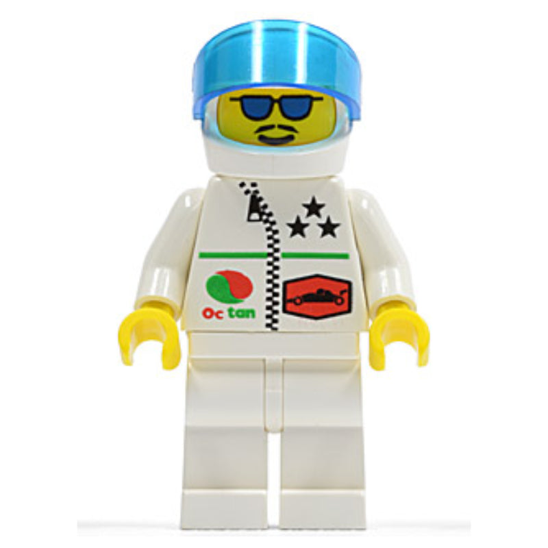 fig-000691 – Racer, White Jacket with Zipper and Octan Logo, White Helmet with Visor, Blue Sunglasses