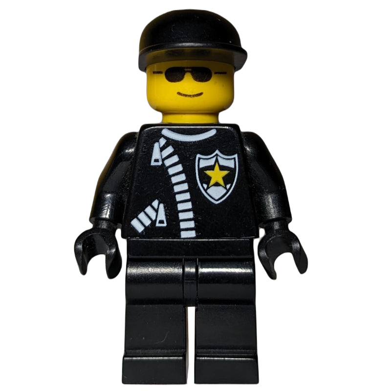 fig-000697 – Policeman, Black Jacket with Zipper and Badge, Black Cap, Sunglasses