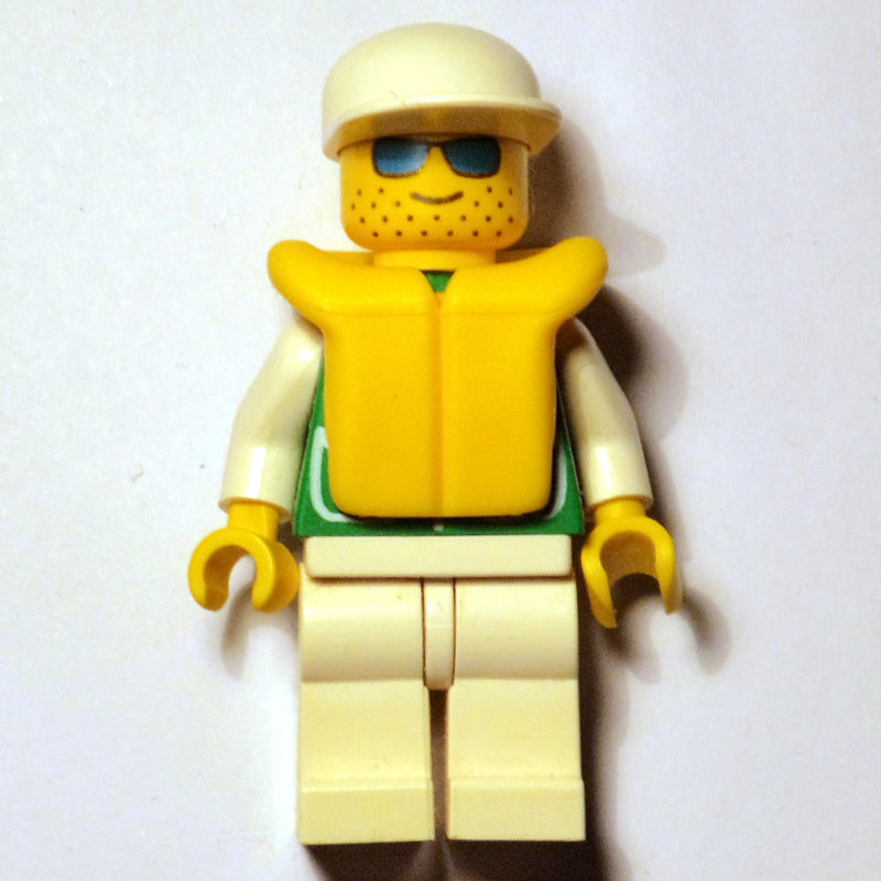 fig-000700 – Man, Green Jacket, White Legs, White Cap, Yellow Life Vest, Blue Sunglasses