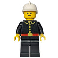 fig-000701 – Fireman, Classic, Black Fire Jacket with Red Belt and Buttons, White Helmet (3626b Head)