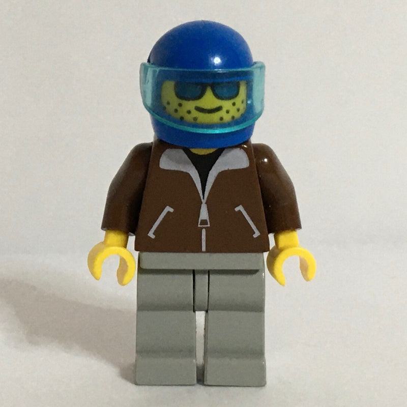 fig-000703 – Man, Brown Jacket, Light Gray Legs, Blue Helmet with Visor, Blue Visor