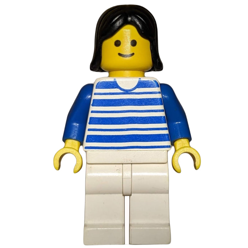 fig-000704 – Woman, White and Blue Striped Shirt, White Legs, Black Hair