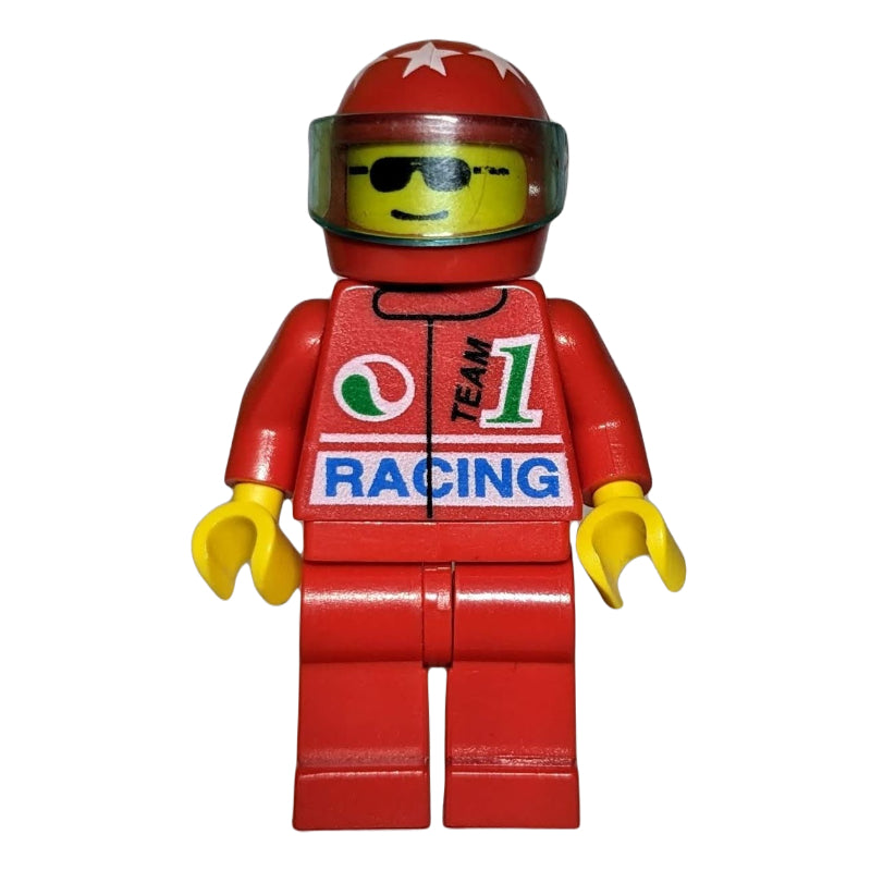 fig-000705 – Racer, Red Jacket with Octan Logo and 'RACING', Red Legs, Red Helmet with Visor, Sunglasses