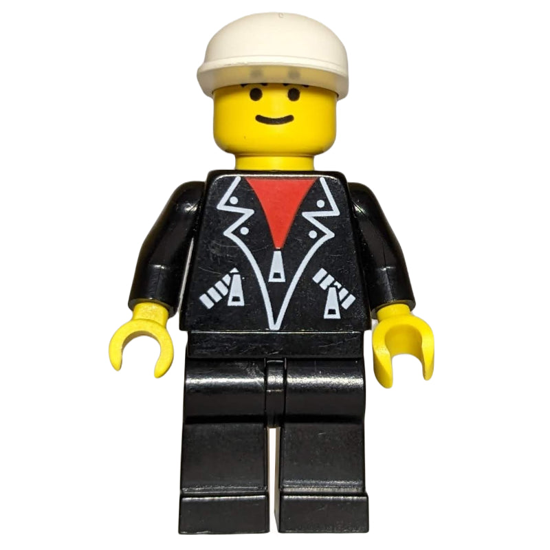 fig-000706 – Man, Black Jacket over Red Shirt, Black Legs, White Cap