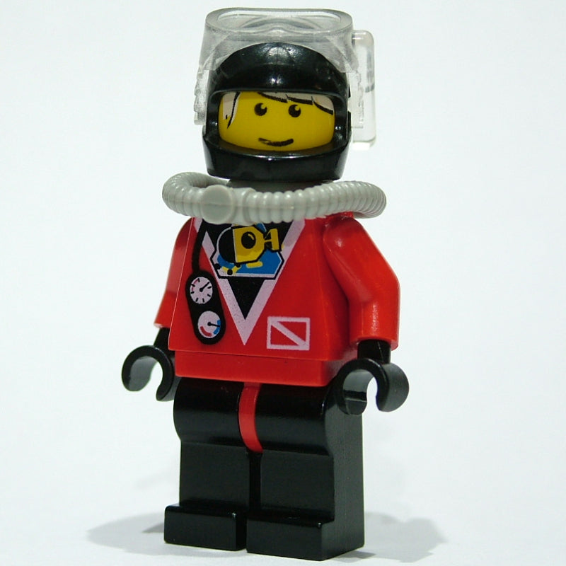 fig-000710 – Diver, Man, Red Wetsuit, Black Helmet with Mask, Airtank, Printed White Hair