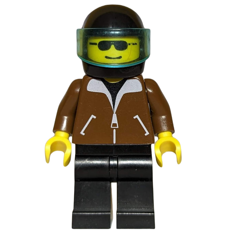 fig-000716 – Man, Brown Jacket, Black Legs, Black Helmet with Visor, Sunglasses