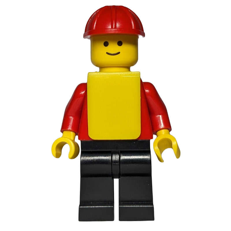 fig-000722 – Man, Plain Red Torso, Black Legs, Red Hard Hat, Yellow Vest