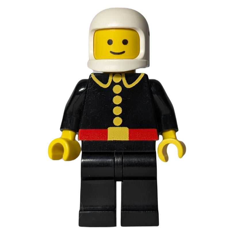 fig-000729 – Fireman, Classic, Black Fire Jacket with Red Belt and Buttons, White Helmet (3842a Helmet)
