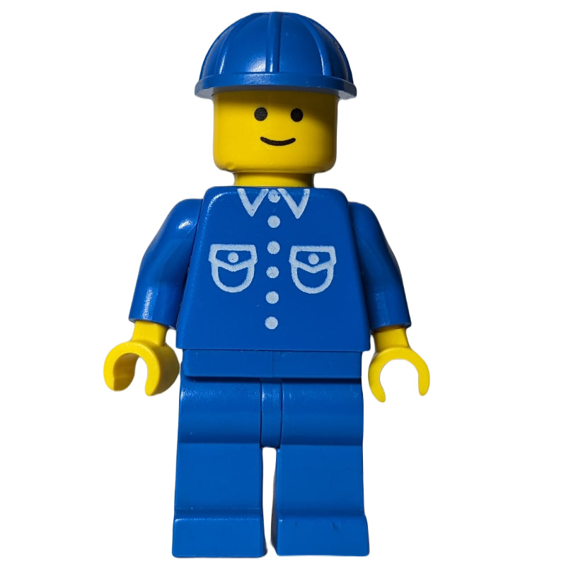 fig-000731 – Man, Blue Shirt with Buttons and Pockets, Blue Legs, Blue Hard Hat