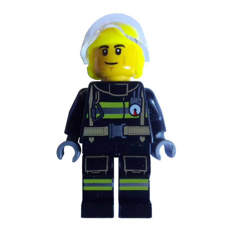 fig-000732 – Firefighter, Black Fire Suit, Vibrant Yellow Helmet
