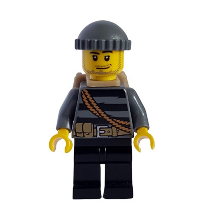fig-000740 – Criminal, Black Striped Top with Rope, Black Hat, Dark Tan Backpack, Stubble